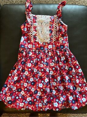 Girls' Red Floral Sundress with Lace Panel